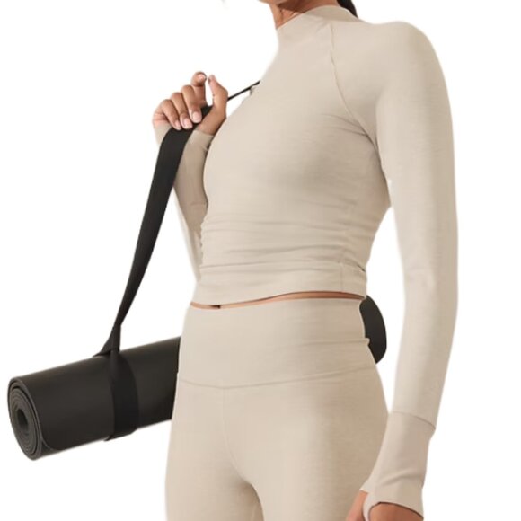 Athleta Tops - Athleta SoftLuxe Mock Neck Crop Top Ivory Beige Heather Long Sleeve Size XL